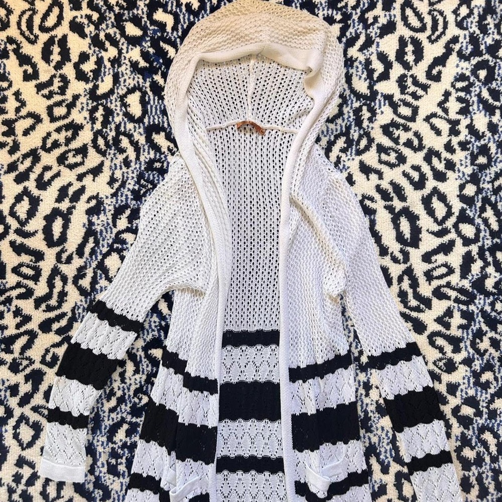 Belldini Black & White Striped Knit Maxi Cardigan with Hoodie Size M